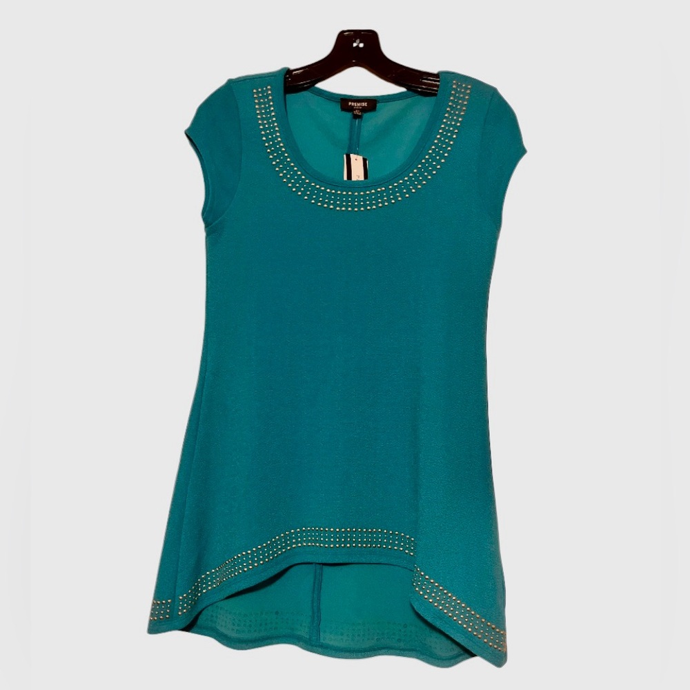 Premise Teal Stud-Trim Cap-Sleeve Tunic